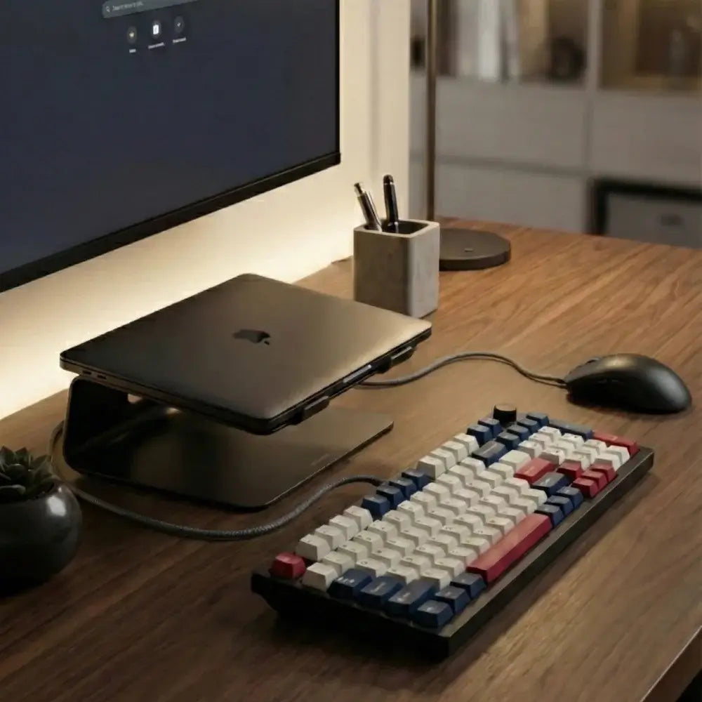 Laptop with a custom keyboard on a wooden desk