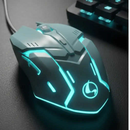 Gaming mouse with glowing blue accents on a dark surface