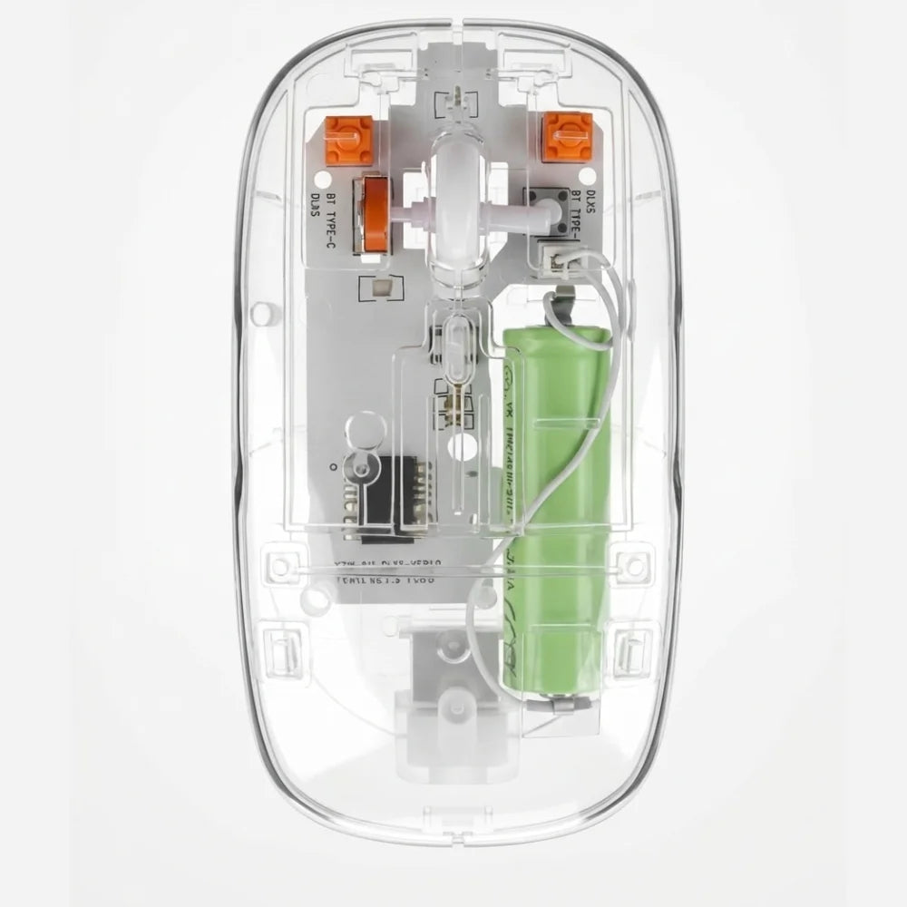 Clear electronic device with visible components on a white background