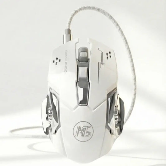 White gaming mouse with cable on a light gray background