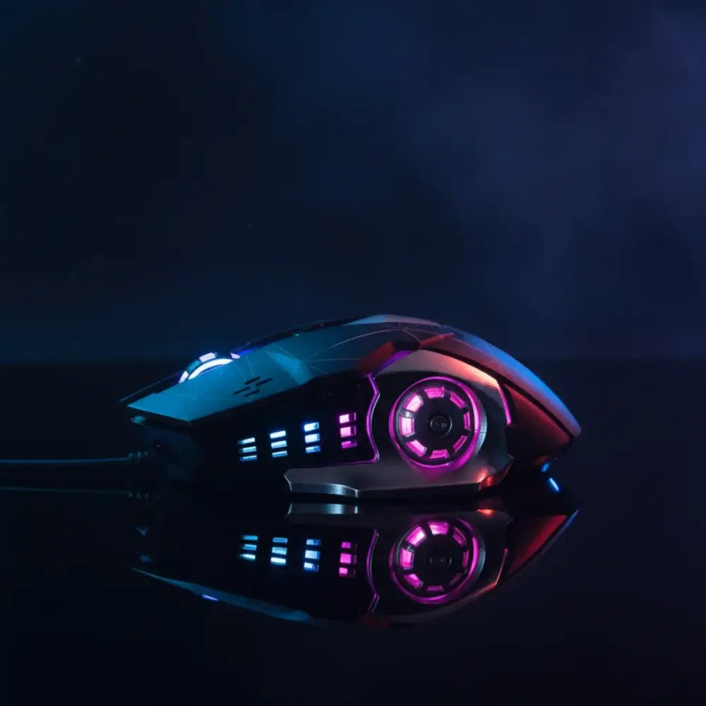 Gaming mouse with colorful LED lights on a dark background