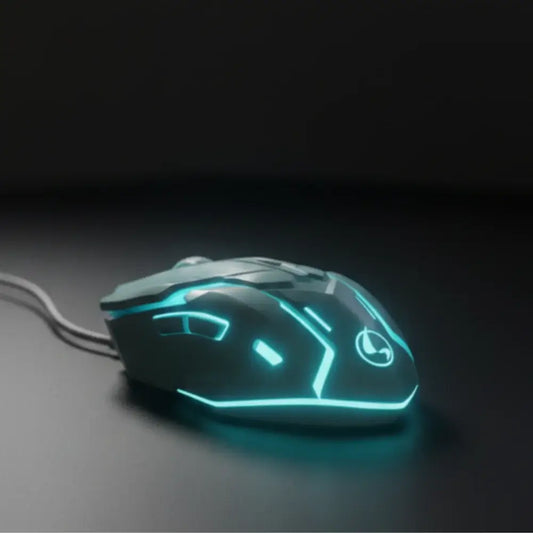 Gaming mouse with glowing blue accents on a dark background