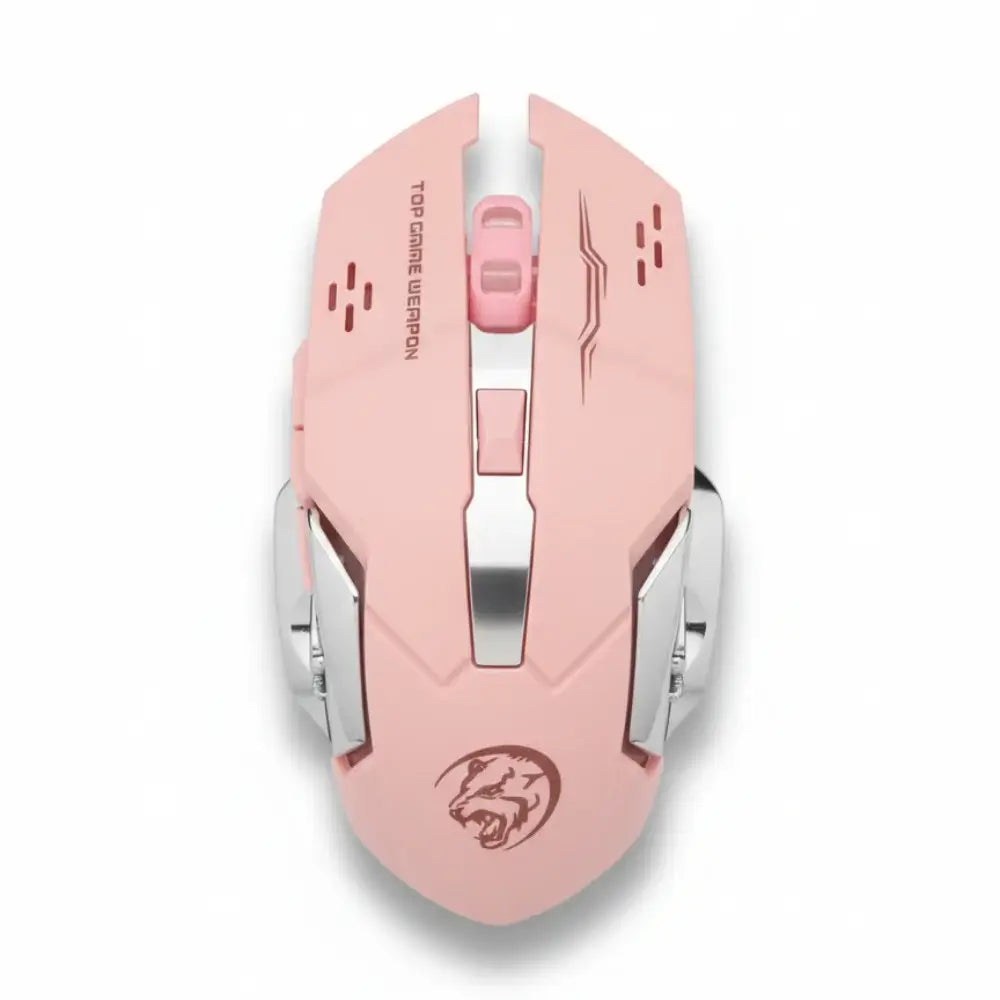 Pink gaming mouse with silver accents on a white background