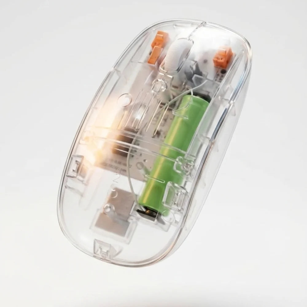 Clear electronic device with visible internal components on a light gray background