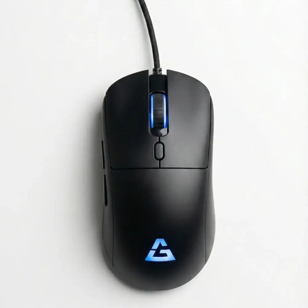 Black gaming mouse with blue logo on a white background