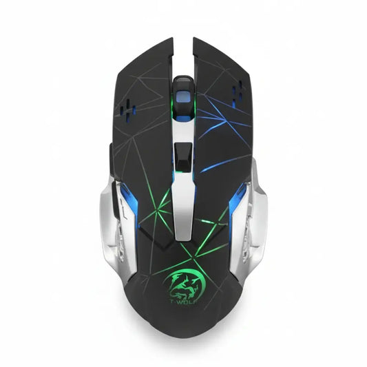 Gaming mouse with geometric design and illuminated accents on a white background