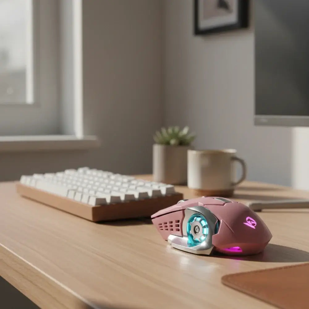 Gaming keyboard and mouse on a desk with a blurred background