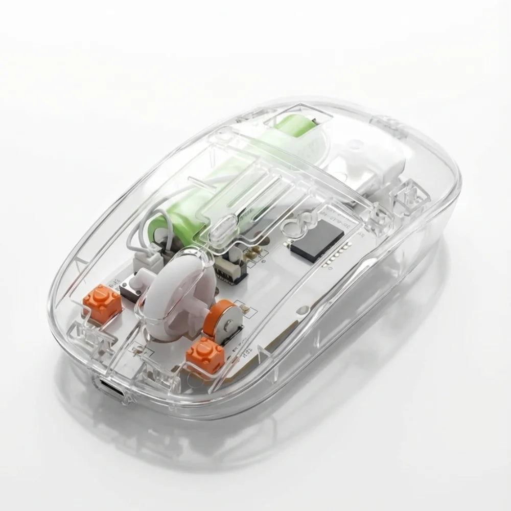 Transparent electronic device with orange and black components on a white background