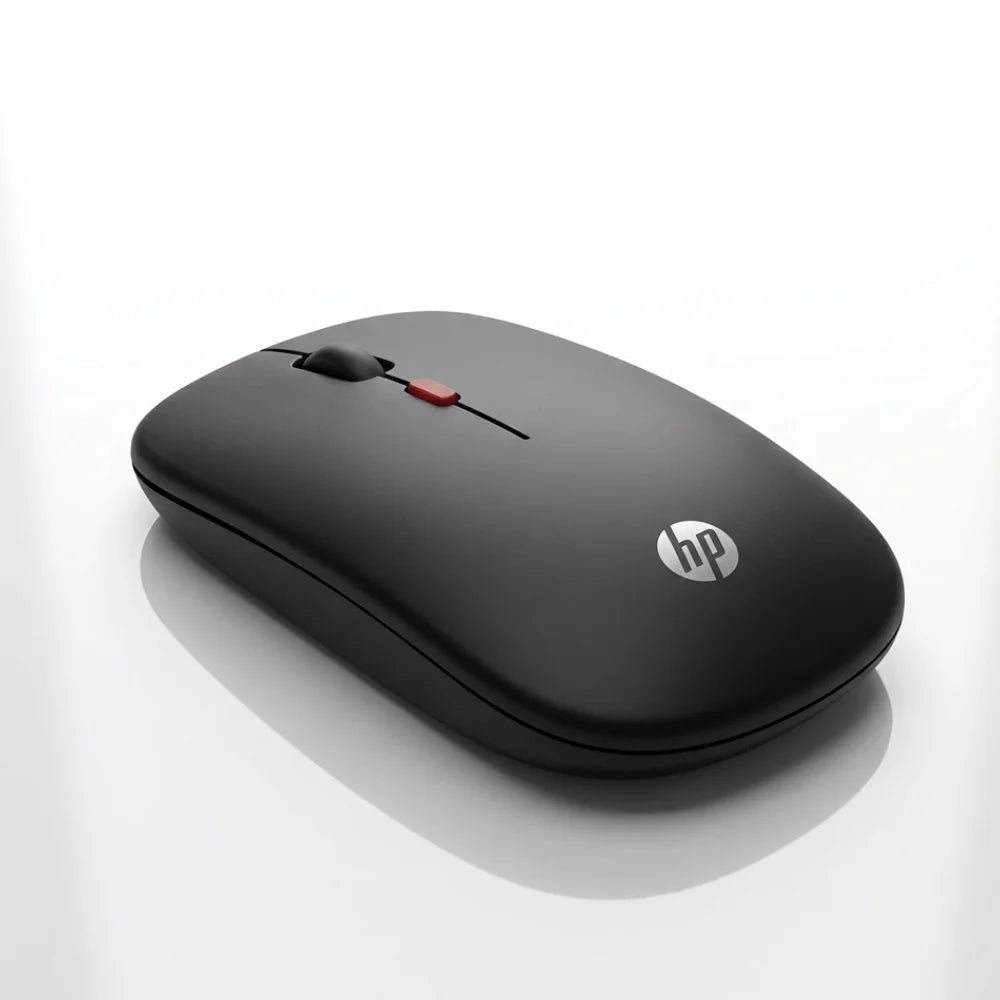 Black HP mouse on a white background