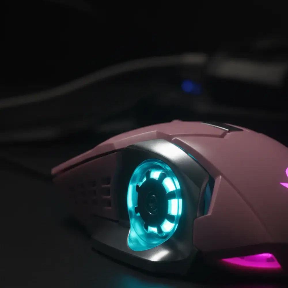 Gaming mouse with glowing blue and pink accents on a dark background