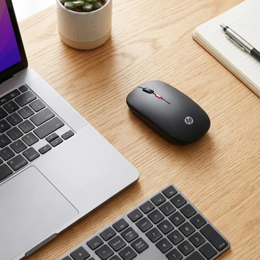 Laptop with HP mouse and keyboard on a wooden desk
