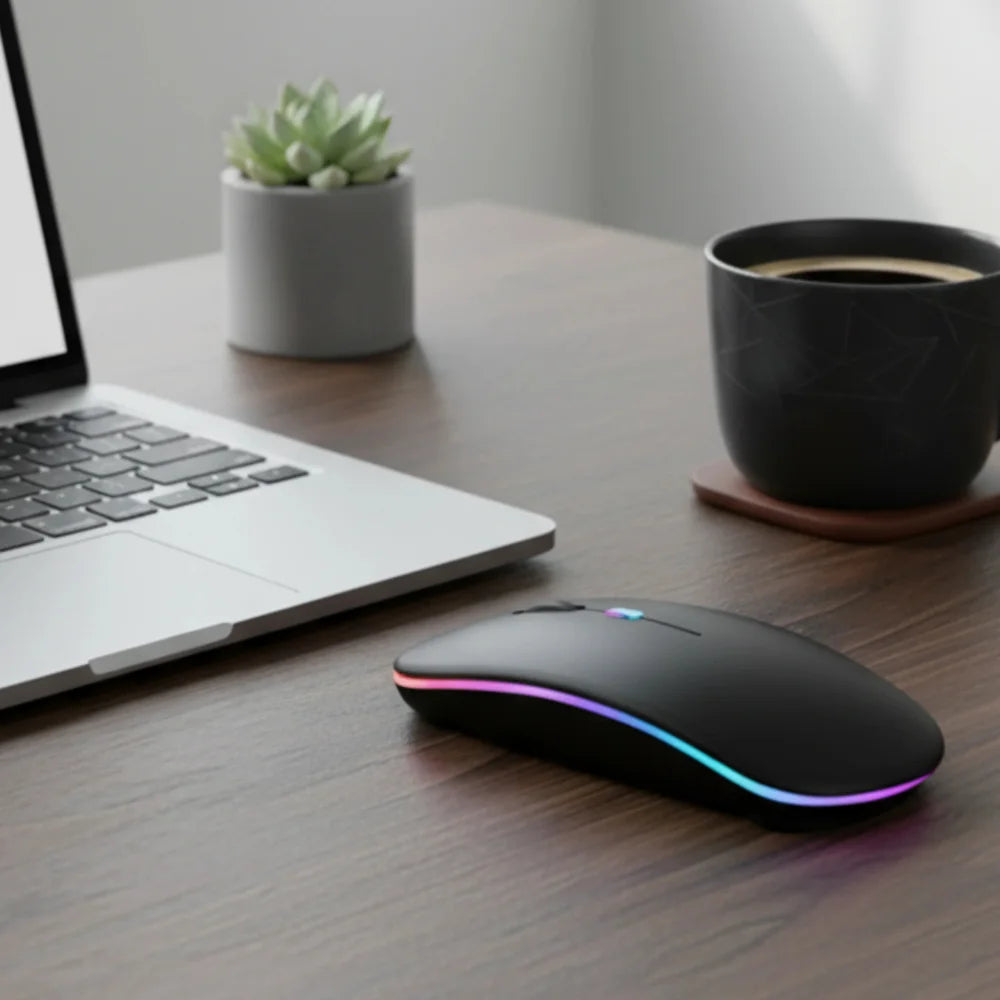 Laptop with a mouse on a desk next to a cup of coffee and a plant