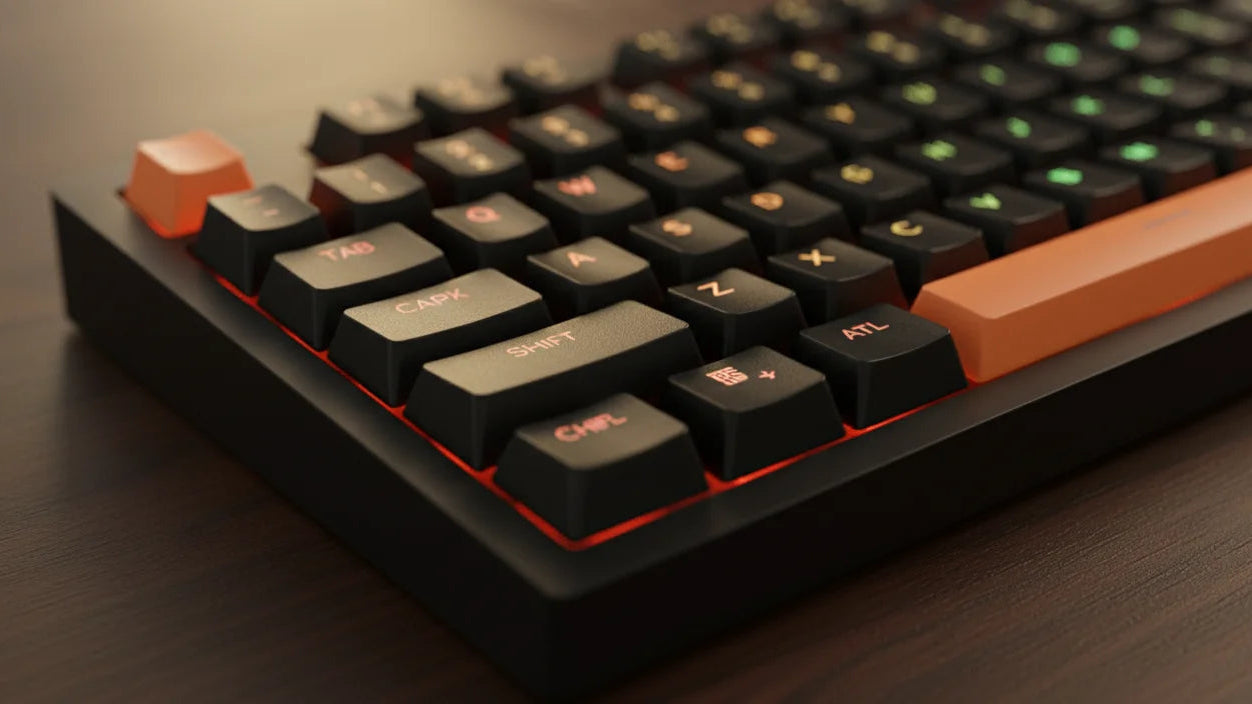 Mechanical keyboard with black and orange design on a wooden surface