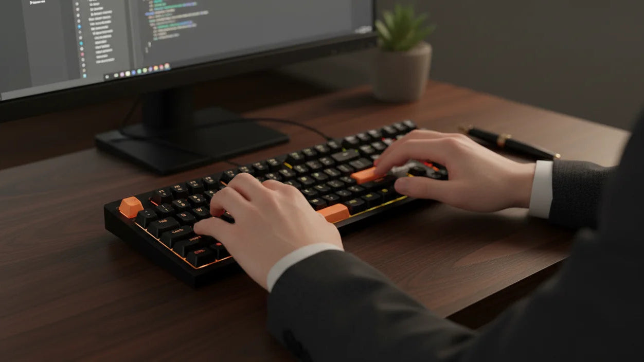 Person typing on a mechanical keyboard at a desk with a computer monitor in the background