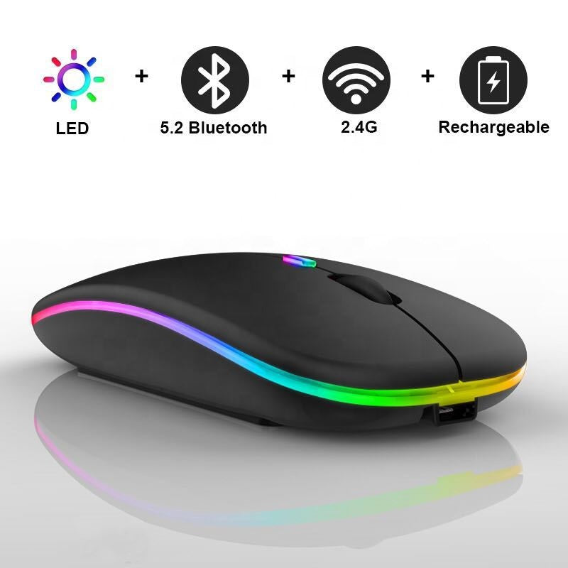 RGB LED Wireless Mouse – Rechargeable Bluetooth 5.2 + 2.4GHz Dual Mode Silent Mouse for Laptop & PC